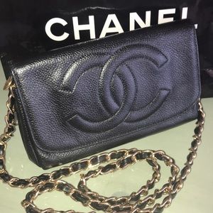 CHANEL Black Quilted CC Logo Caviar pouch-modified with added chain holes